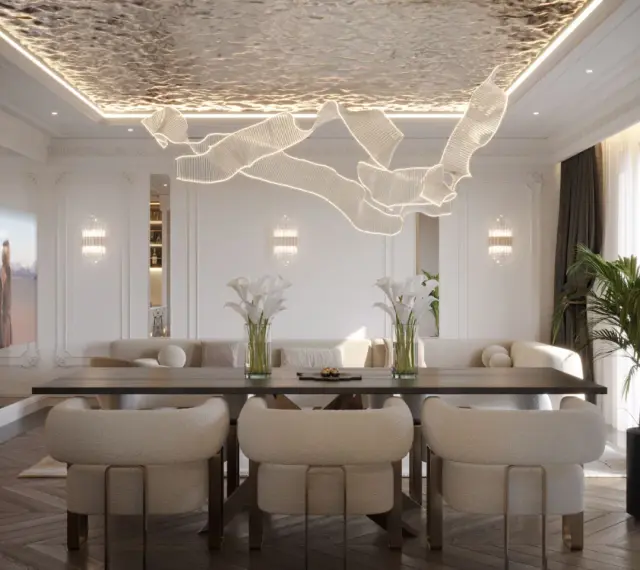 Nowoczesny salon z designerskim sufitem napinanym. Wady? Brak! Tylko elegancja i światło.