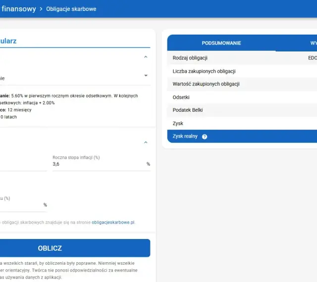 Kalkulator obligacji skarbowych EDO 10-letnich. Pokazuje oprocentowanie, odsetki, podatek Belki i zysk realny.