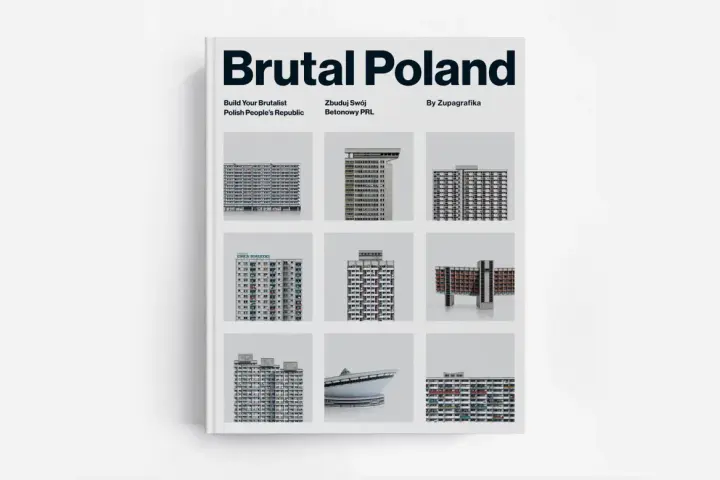 Okładka książki "Brutal Poland" z kolażem zdjęć betonowych budynków, prezentująca polski **brutalizm**.