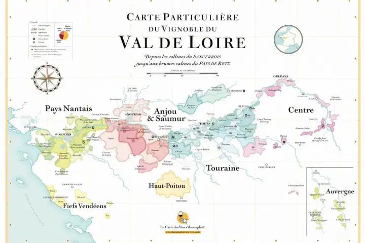Carte des vins du Val de Loire : découvrez les régions viticoles, des Pays Nantais à l'Auvergne, et trouvez le meilleur vin de Loire rouge.