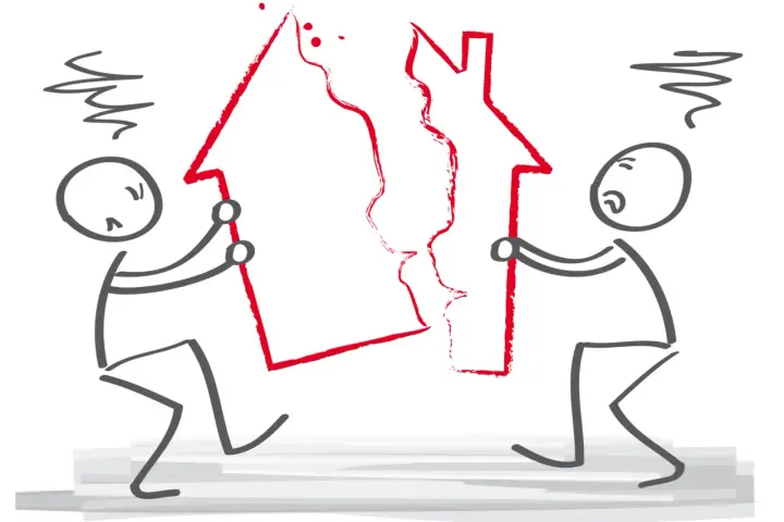 Deux personnages tentent de séparer une maison rouge, symbolisant les inconvénients d'une communauté universelle divisée.