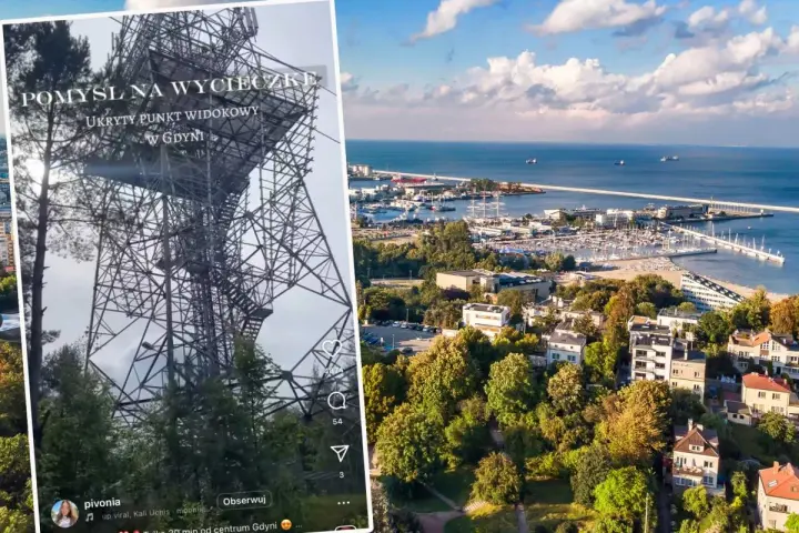 Metalowa konstrukcja przypominająca wieżę widokową, z której rozpościera się panorama Gdyni z portem i morzem.