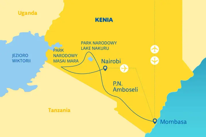 Mapa turystyczna Kenii z zaznaczonymi parkami narodowymi (Masai Mara, Lake Nakuru, Amboseli), Nairobi, Mombasą i Jeziorem Wiktorii.