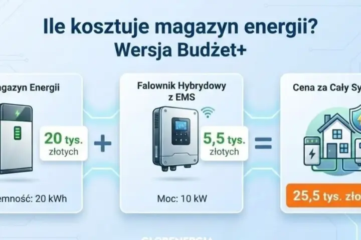 Ile kosztuje magazyn energii? Wersja Budżet+: magazyn 20 tys. zł + falownik 5,5 tys. zł = cały system 25,5 tys. zł.