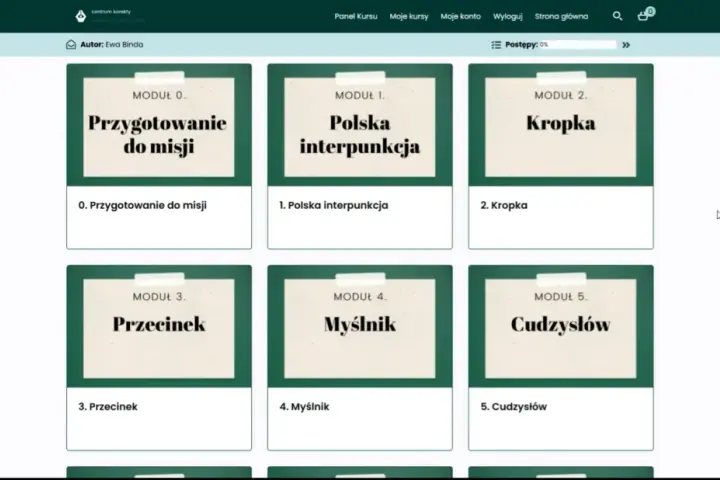 Moduły kursu o interpunkcji: przygotowanie, polska interpunkcja, kropka, przecinek, myślnik, cudzysłów.