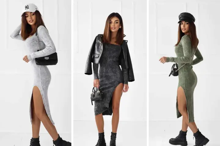 Trzy kobiety prezentują modny styl ubioru: dopasowane sukienki z wycięciami, skórzane kurtki i botki.