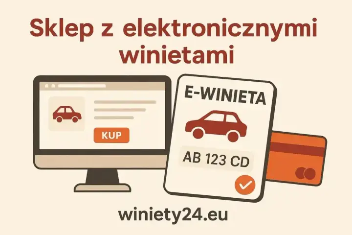 Kupuj elektroniczne winiety na Słowację online. Komputer z przyciskiem "KUP", e-winieta z numerem rejestracyjnym i karta płatnicza.