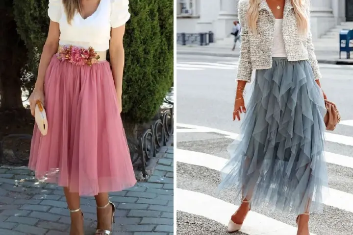 Dos looks para combinar falda midi de tul: una rosa con top blanco y flores, otra azul con chaqueta tweed.