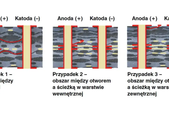 Schemat przedstawia trzy przypadki połączeń między anodą a katodą, pokazując ścieżki prądu.