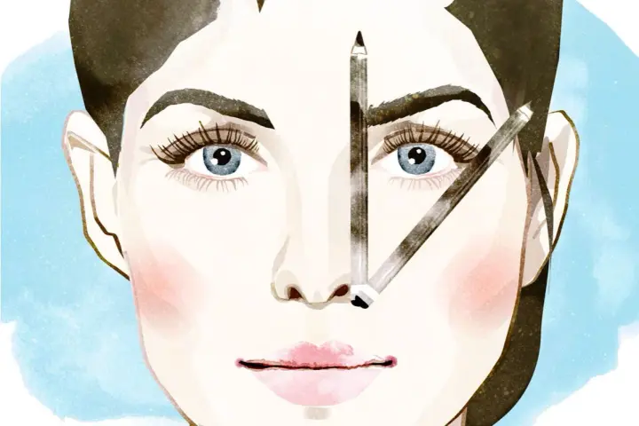 Illustration einer Frau mit blauen Augen und drei Bleistiften im Gesicht, die auf Augenbrauen und Nase zeigen.