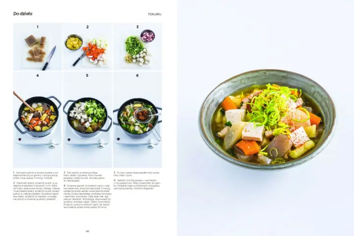 Aromatyczne japońskie jedzenie, tonjiru, w misce z warzywami, tofu i mięsem, gotowe do podania.