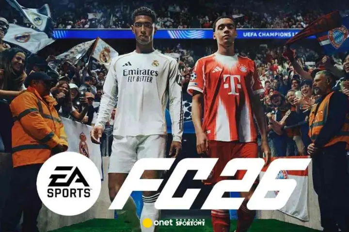 Dwóch piłkarzy w strojach Realu Madryt i Bayernu Monachium na tle trybun pełnych kibiców. Wielkie logo FC 26 sugeruje, kiedy nowa FIFA.