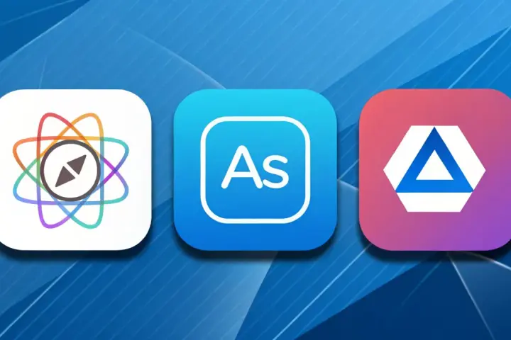 Trzy ikony aplikacji: z kompasem, "As" (Adobe Illustrator) i trójkątem.