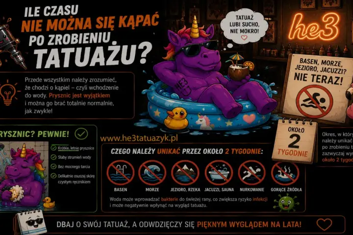 Unicorn w basenie przypomina o przeciwwskazaniach do tatuażu: unikaj kąpieli w wodzie przez 2 tygodnie. Prysznic jest dozwolony.