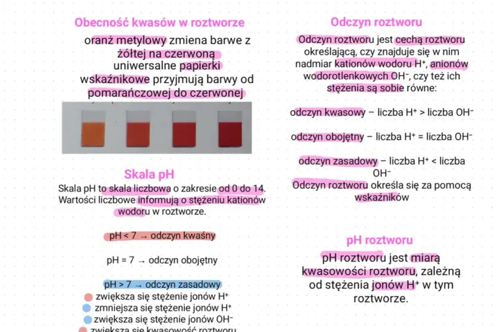 Paski papierka uniwersalnego zmieniają barwę od pomarańczowej do czerwonej, wskazując na obecność kwasów i ich stężenie. pH roztworu mierzy kwasowość.