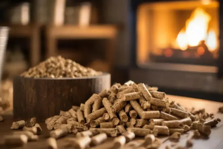 Un mucchio di pellet di legno su un tavolo, con un camino acceso sullo sfondo. L'immagine evoca il tema dell'andamento prezzo pellet.