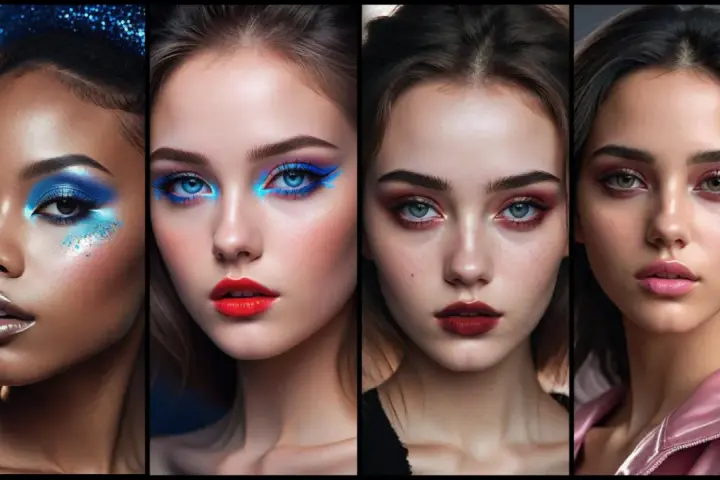 Quattro volti con trucco audace: blu elettrico, rosso acceso, bordeaux e rosa. Un omaggio al trucco anni 70.