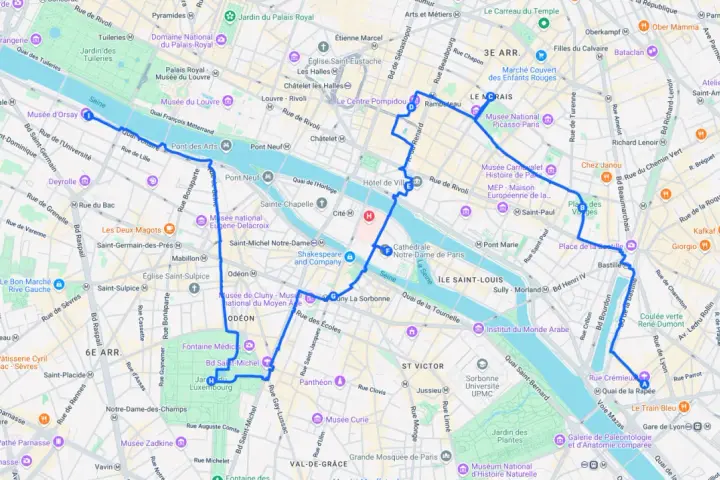 Itinéraire pour visiter Paris en 4 jours, passant par le Louvre, Notre-Dame, le Marais et Bastille.