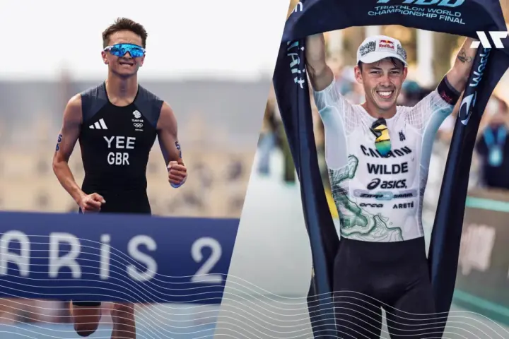 Dwóch zawodników triathlonu, Alex Yee i Hayden Wilde, po pokonaniu trudnego dystansu.