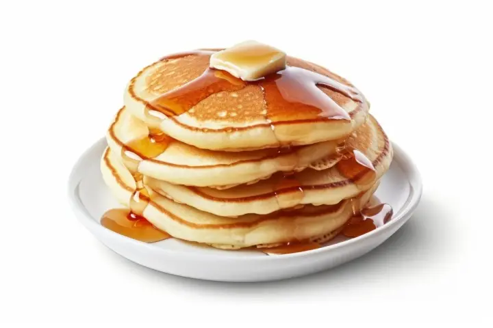 Pila de pancakes dorados con mantequilla y sirope cayendo. ¡Perfectos para tu receta de pancakes!