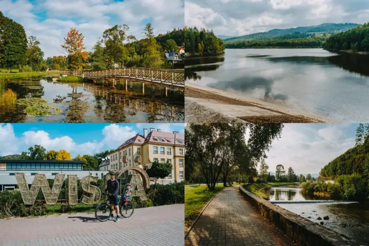 Atrakcje Wisła i okolice: malowniczy park z mostkiem, jezioro, napis WISŁA z rowerzystami, ścieżka nad rzeką.