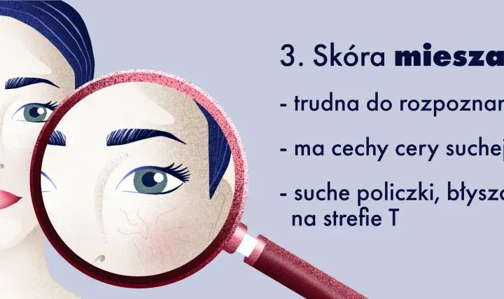 Ilustracja przedstawia twarz kobiety z lupą, która uwidacznia cechy cery mieszanej: suche policzki i błyszczącą strefę T.