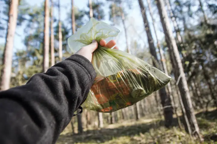 Ręka trzyma worek ze śmieciami w lesie. Zasady "leave no trace" to dbanie o przyrodę.