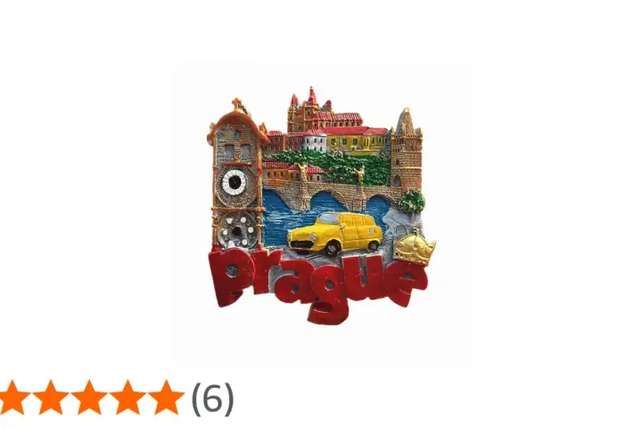 Magnes z widokiem Pragi, mostem, żółtym samochodem i napisem "Prague". Zastanawiasz się, ile kosztuje magnes w Pradze?