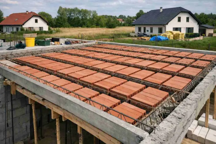 Budowa domu w toku. Widoczny strop gęstożebrowy z pustaków ceramicznych, przygotowany do zalania betonem.