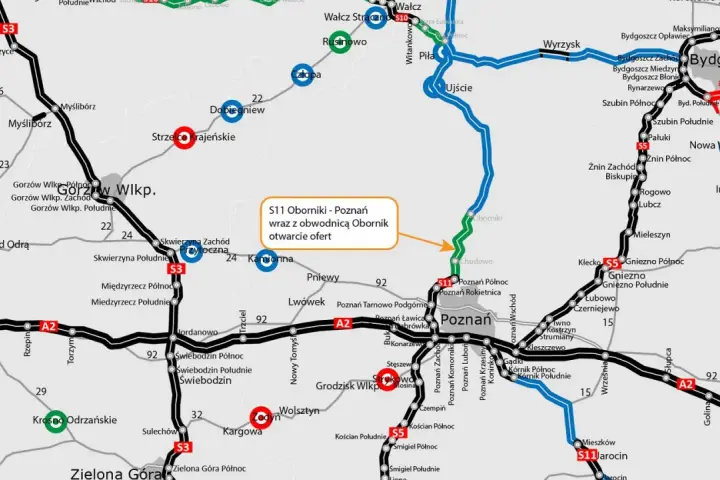 Mapa drogowa Polski, ukazująca drogę do poznania przez sieć autostrad i dróg krajowych, z zaznaczonymi miastami i węzłami.