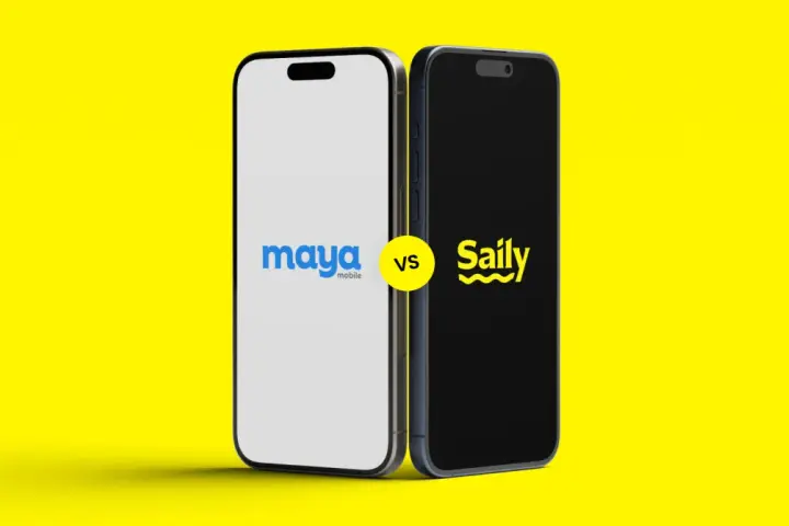 Due smartphone affiancati su sfondo giallo. Uno mostra il logo "maya mobile", l'altro "Saily". Confronto tra servizi eSIM.
