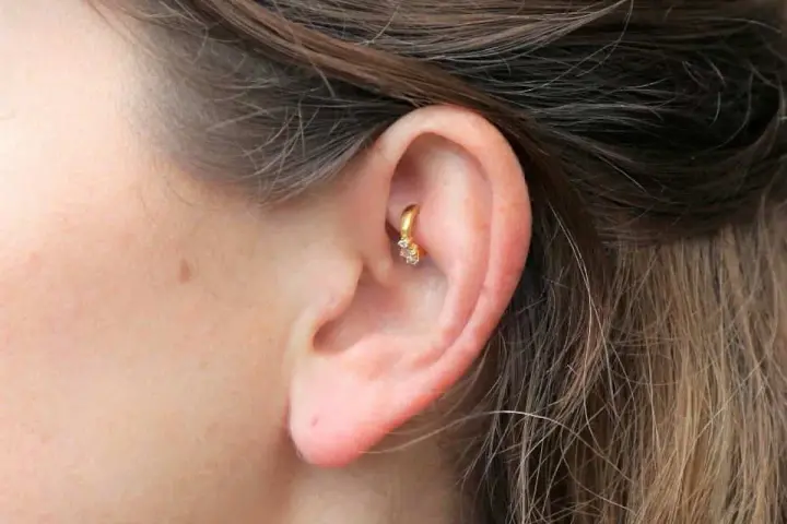 Złoty kolczyk w uchu, ozdobiony cyrkoniami, w trakcie gojenia. Rook piercing wygląda pięknie.