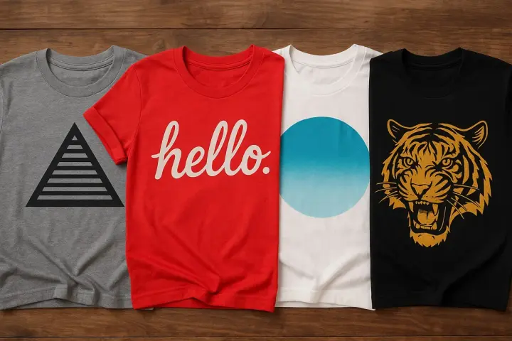 Cuatro camisetas con diseños variados: pirámide, "hello", círculo degradado y tigre. Ideas para como diseñar una camiseta.