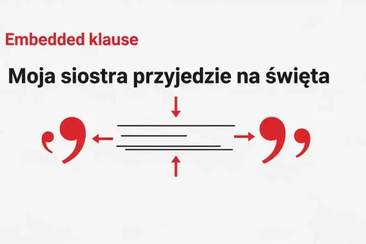 Moja siostra przyjedzie na święta" - czy przed "że" stawiamy przecinek? Grafika ilustruje zdanie z wtrąceniem.