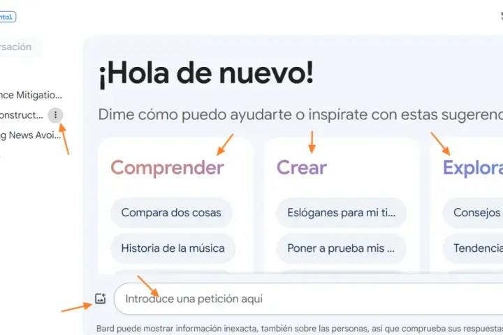 Bard, tu asistente IA, te da la bienvenida. Pide ayuda para comprender, crear o explorar.
