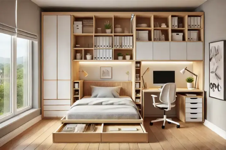 Dormitorio con despacho integrado, cama con cajones y estanterías de madera. Ideal para espacios pequeños.