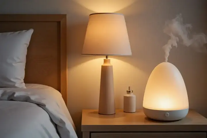 Mesita de noche con lámpara, difusor emitiendo vapor y un pequeño frasco. La humedad del 70% en la habitación crea un ambiente acogedor.