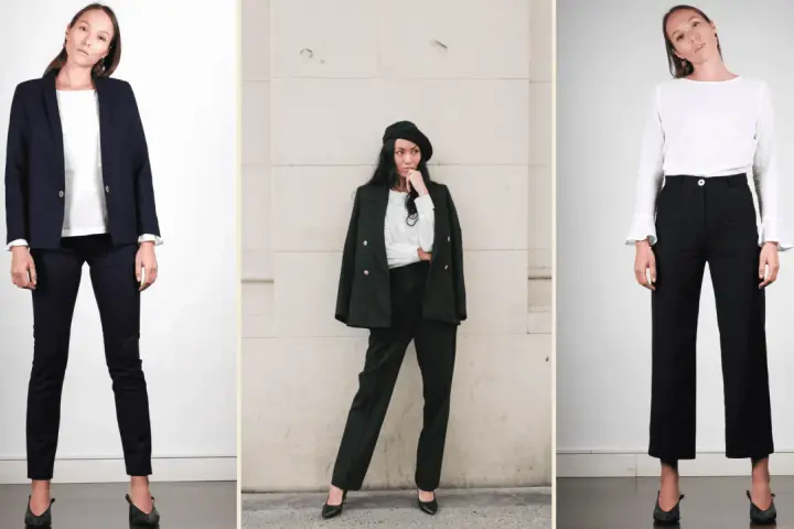 Trois femmes portent des pantalons noirs avec des chaussures élégantes. Quelle chaussure avec pantalon noir femme ? Des escarpins ou des mocassins pour un look chic.