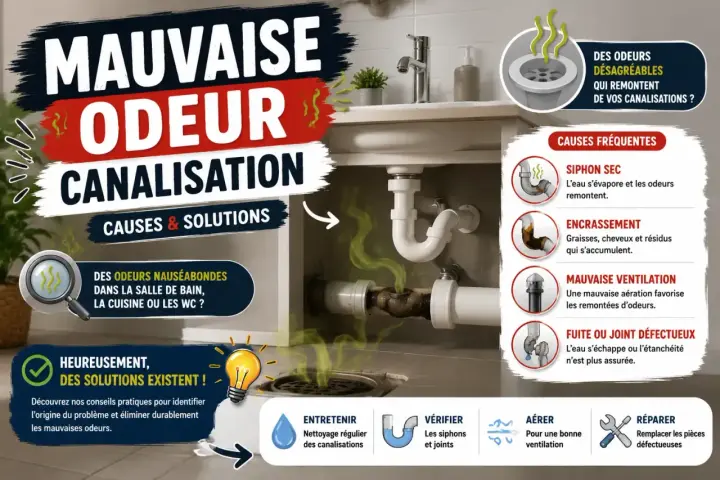 Image illustrant les causes et solutions des mauvaises odeurs de canalisation, avec des conseils pour y remédier.