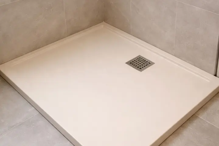 Un receveur résine ou céramique moderne, épuré, avec une grille d'évacuation carrée. Parfait pour une douche à l'italienne.