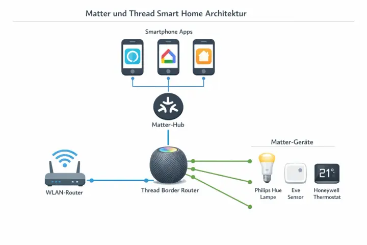 Schema der Matter und Thread Smart Home Architektur: Smartphone-Apps steuern den Matter-Hub, der mit dem Thread Border Router verbunden ist. Dieser kommuniziert mit Matter-Geräten wie Philips Hue, Eve Sensor und Honeywell Thermostat.