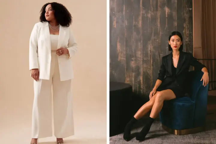 Mujer con traje blanco elegante y mujer con traje negro chic, ambos perfectos para un dress code gala.