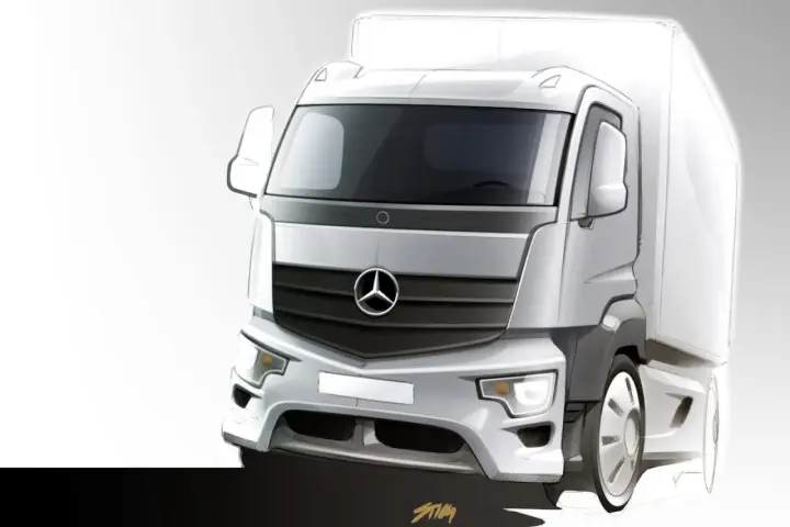 Szkic koncepcyjny ciężarówki Mercedes Antos z charakterystyczną atrapą chłodnicy i logo.