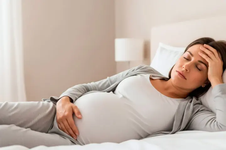 Zmęczona ciężarna leży w łóżku, dotykając czoła. Senność w ciąży to częsty objaw.