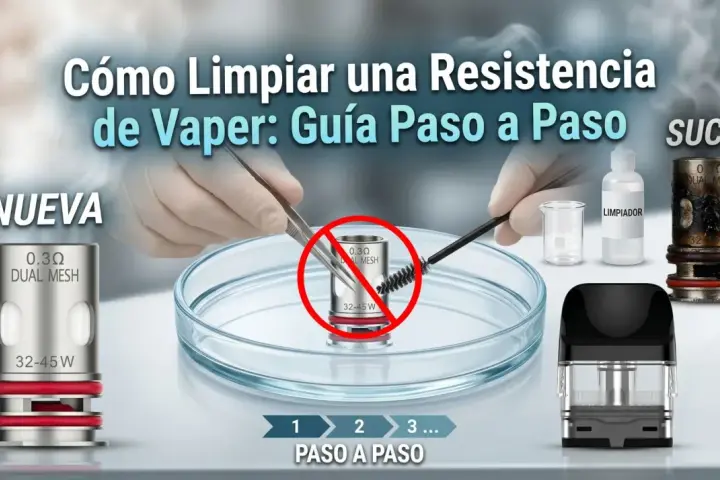 Guía para limpiar resistencia vape: muestra una resistencia nueva y una sucia, con herramientas para su mantenimiento.
