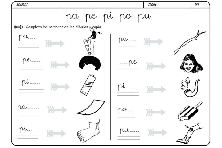 Fichas letra p: une sílabas con dibujos. Incluye "pa", "pe", "pi", "po", "pu".