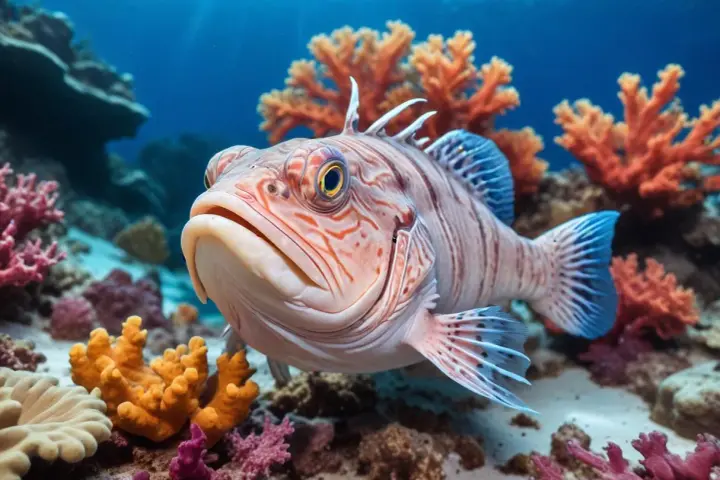 En närbild på en randig fisk med stora ögon simmar bland färgglada koraller. Kanske inspiration för ett gott havskatt recept?