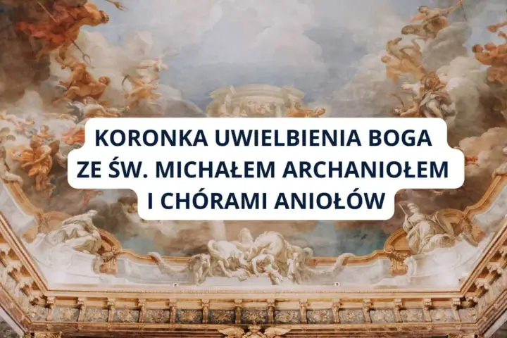 Koronka uwielbienia Boga ze św. Michałem Archaniołem i chórami aniołów. Niebiańska wizja w chmurach.