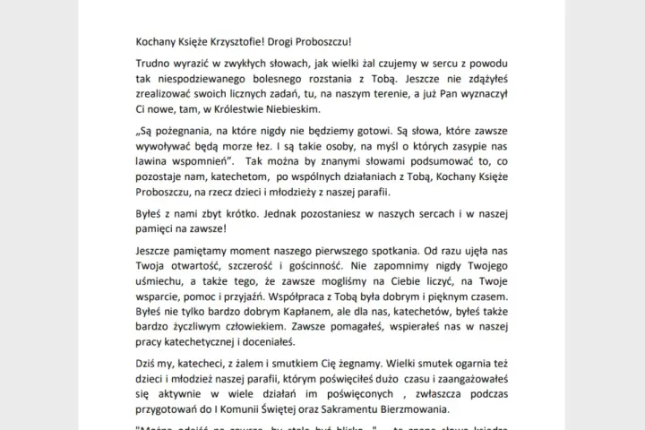 Wzór pożegnania zmarłego księdza proboszcza, czytany przez katechetów. Wyrazy żalu i wdzięczności za wspólny czas.