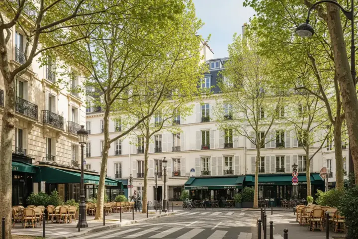 Rue parisienne bordée d'arbres feuillus, immeubles haussmanniens, terrasses de café. Un décor idéal pour rêver à comment acheter un appartement.